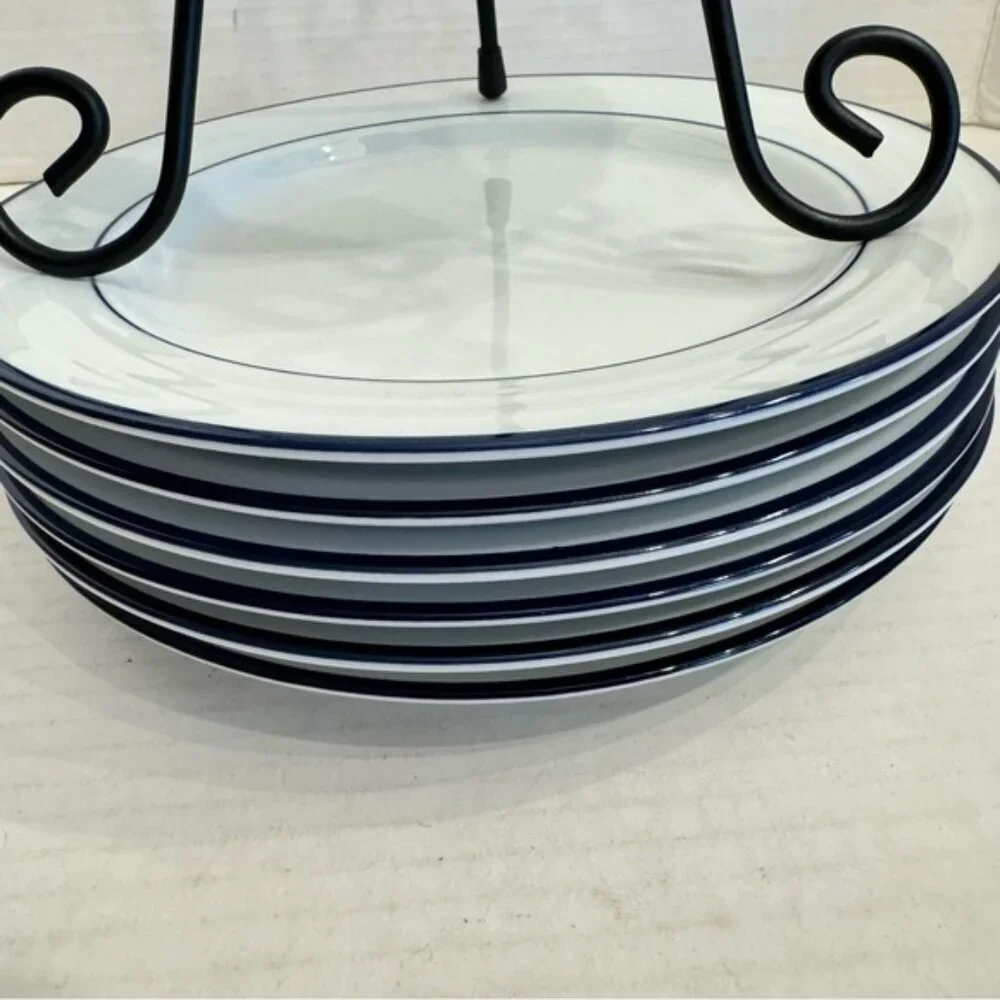 Lot of 3 Crate & Barrel Spal Porcelain Roulette Blue Trim 8 1/4” Salad Plate